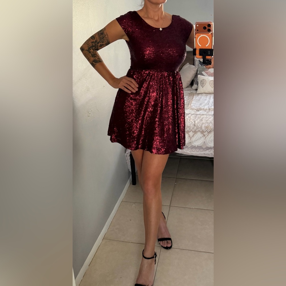 Honey and Rosie Wine Sequin Fit & Flare Dress Size S | Shown on M Model